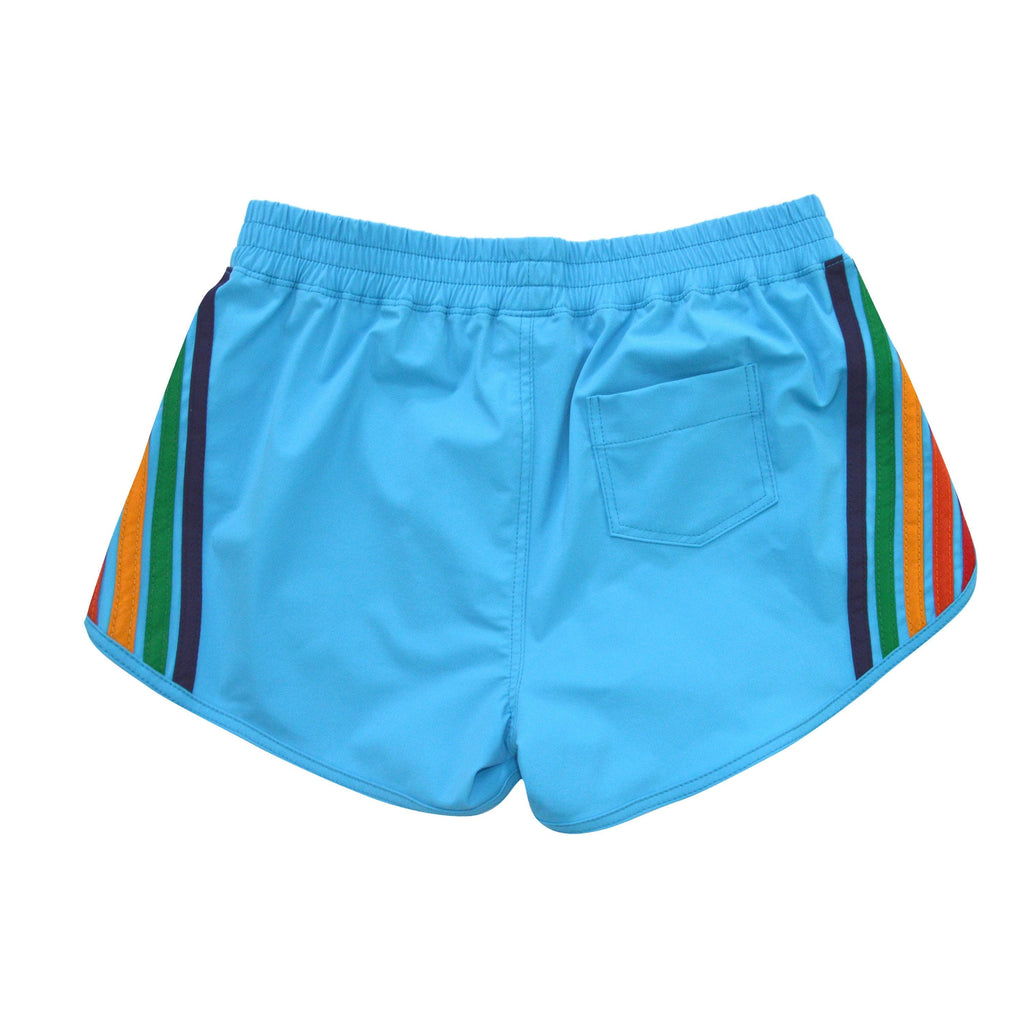 WOMENS 5 STRIPE FLEX BOARD SHORTS - NEON BLUE RAINBOW