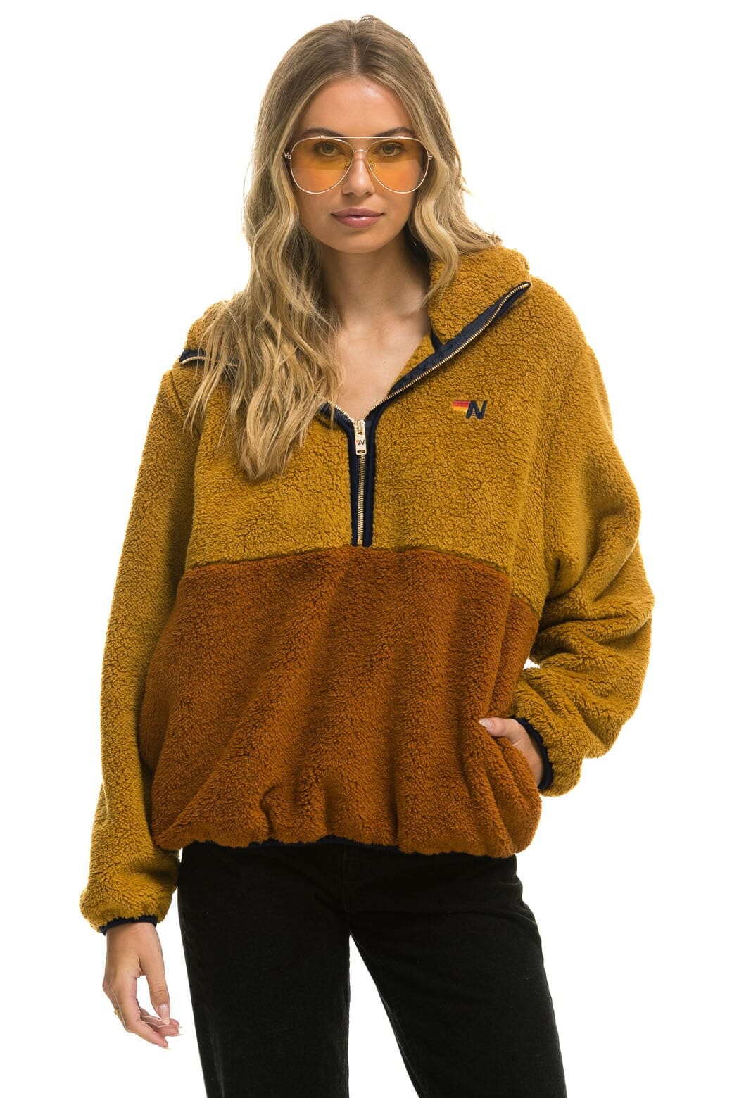 TEDDY APRES HOODED HALF ZIP COLOR BLOCK JACKET - HONEY