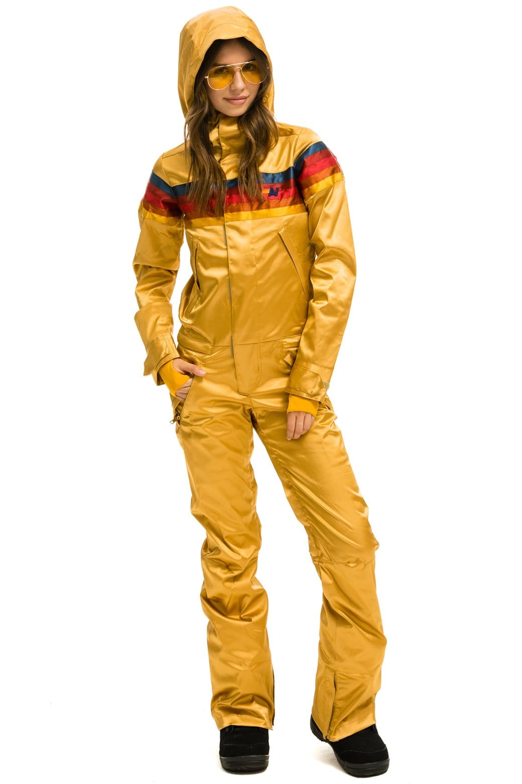 WOMENS 5 STRIPE SATIN POWDER SUIT - CHAMPAGNE