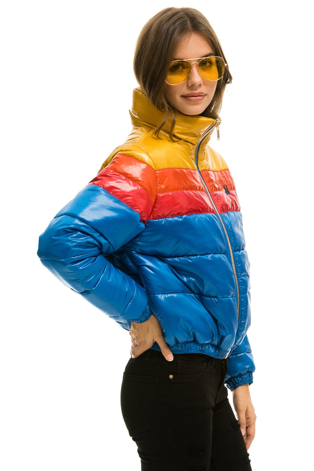 COLOR BLOCK LUXE APRES PUFFER JACKET - GLOSSY SNORKEL BLUE