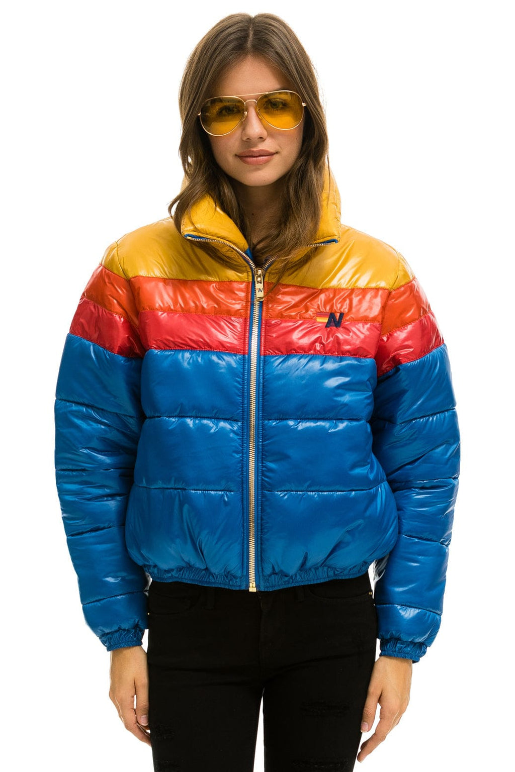 COLOR BLOCK LUXE APRES PUFFER JACKET - GLOSSY SNORKEL BLUE