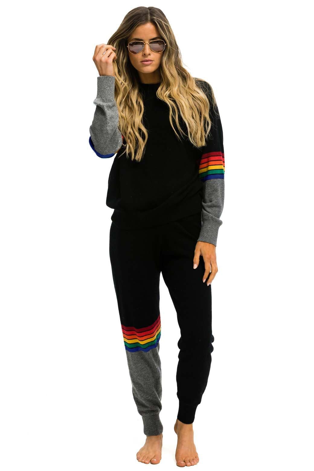 RAINBOW STRIPE CASHMERE LIGHT SWEATER PANT - BLACK CHARCOAL